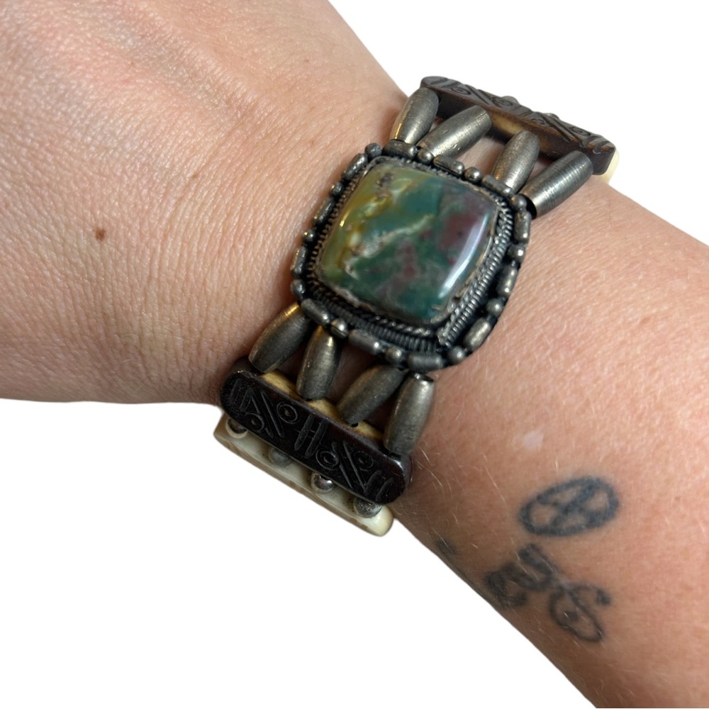 Carved Bone and Stone Beaded Bracelet Handmade One of a Kind